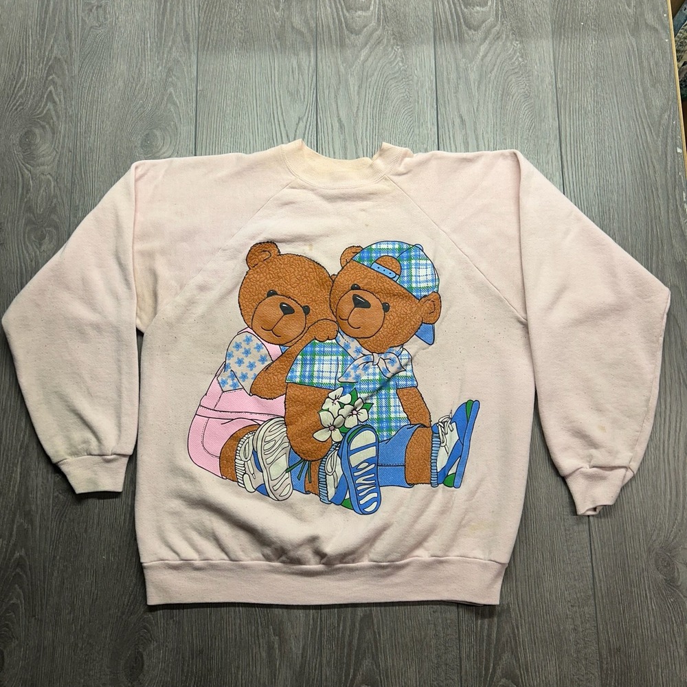 Vintage Pink Teddy Bear Puff Print Sweatshirt XL Made in USA Hanes Activewear